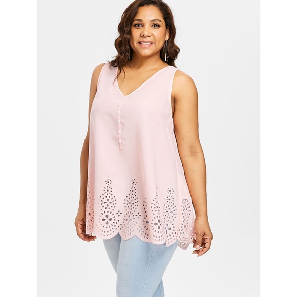 Plus Size Laser Cut V Neck Tank Top - Light Pink - Picture 3 of 7
